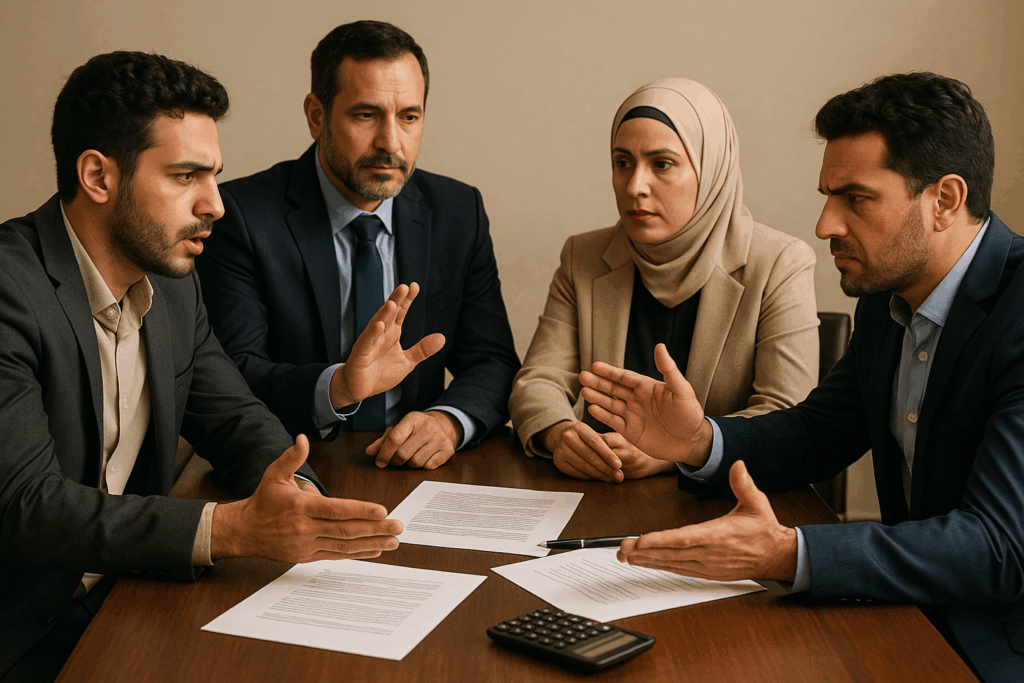 صورة تمثل شخصين يتفاوضان مع شخصين آخرين