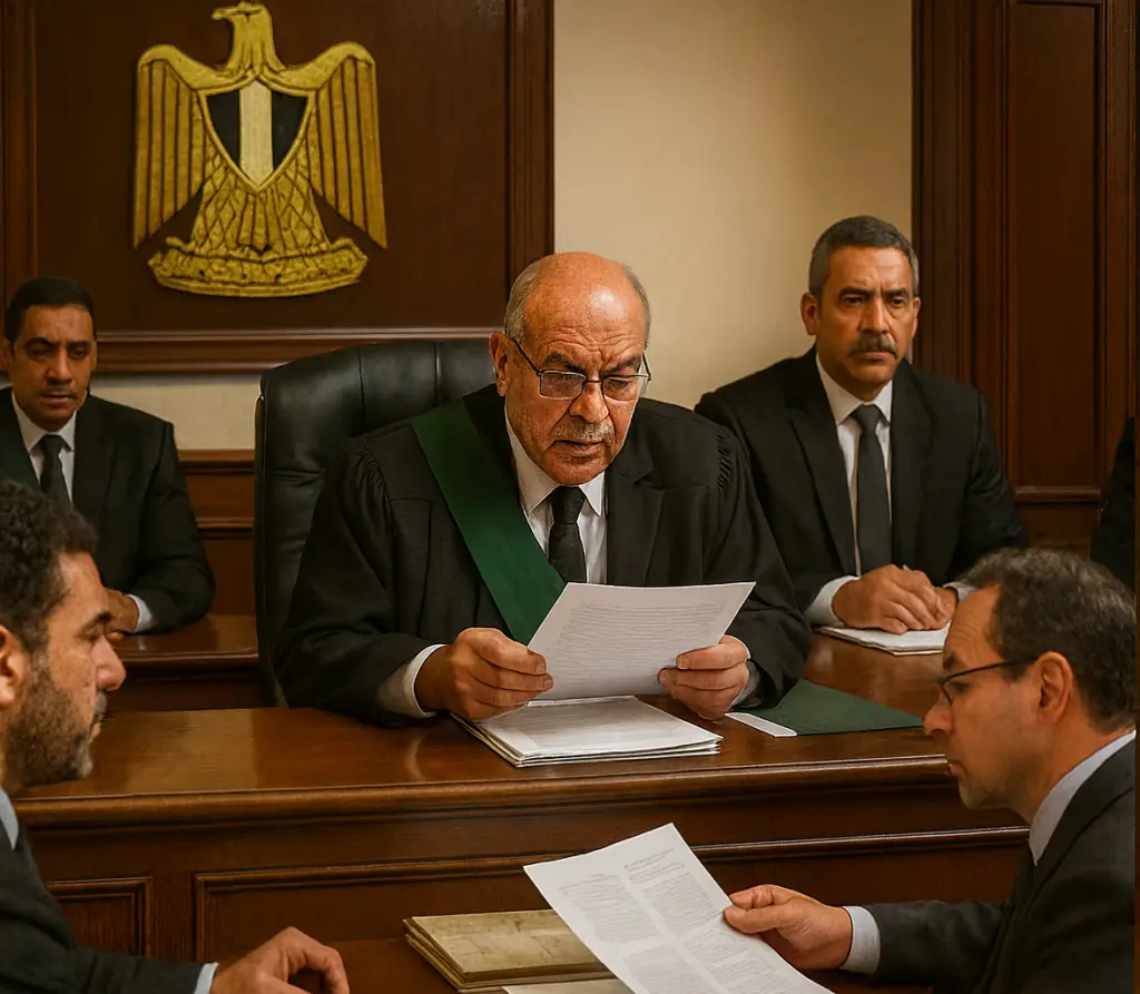 هيئة قضائية تنظر مستندات دين لأحد المتعثرين في سداد القروض بينما المحامي ومساعده يناقشان الدين واستحقاقه