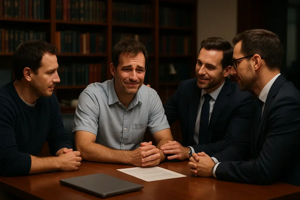 شخص متعثر يجلس مع فريق من المستشارين الماليين والقانونيين لأن البنك قضية ضده.