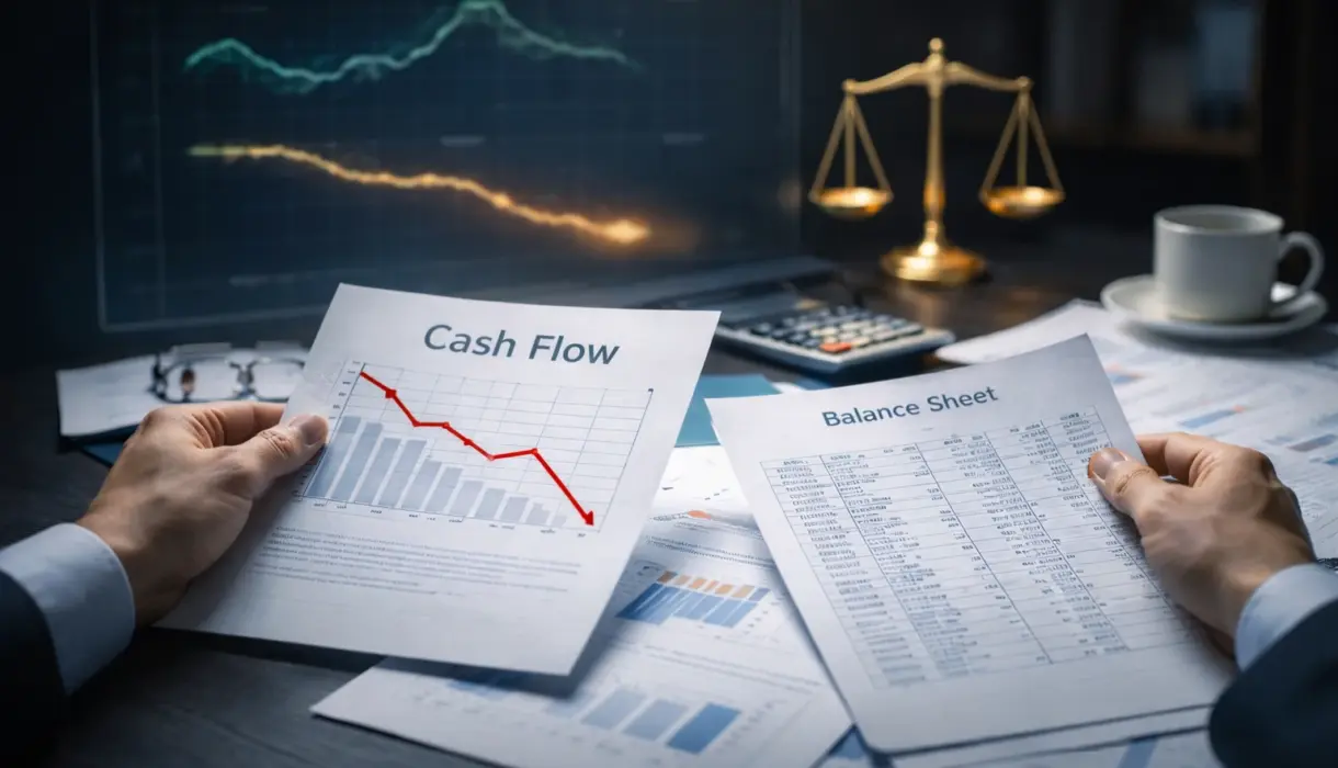 شخصان يبحثان في القوائم المالية لبحث إعادة الهيكلة لشركة متعثرة.