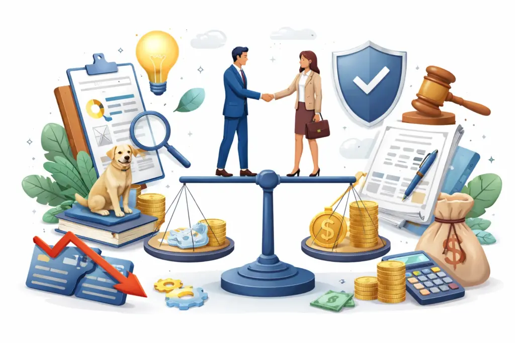 رسم تعبيري يجمع عناصر قانونية ومالية مختلفة تتعلق بإعادة الهيكلة والصلح الواقي من الإفلاس