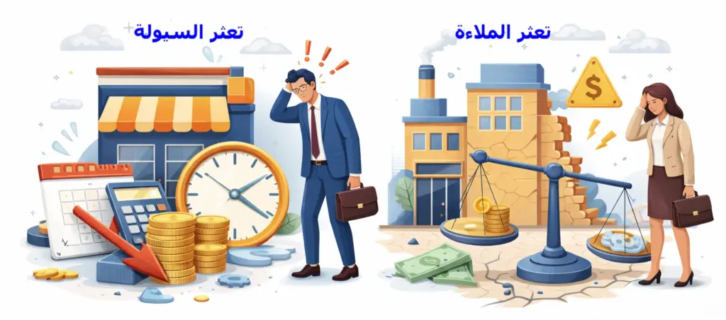 صورة توضح الفرق بين نوعي التعثر المالي، تعثر الملاءة وتعثر السيولة.