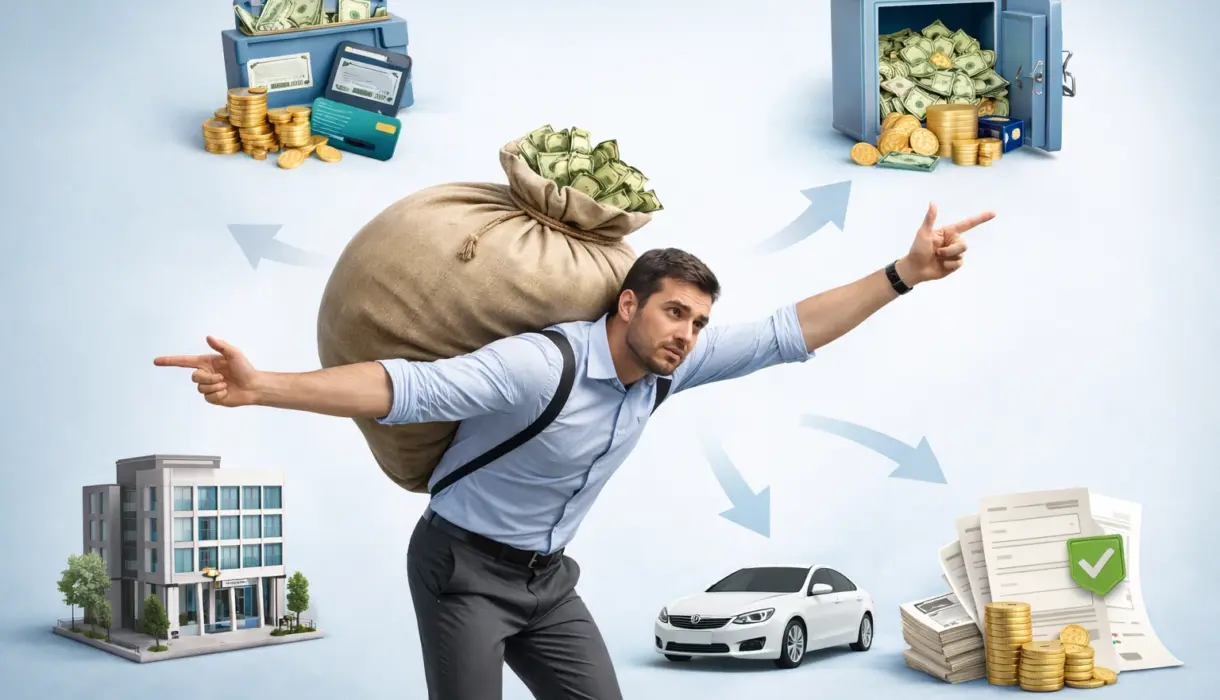 شخص يحمل فوق ظهره دينا ماليا كبيرا، ويبحث عن إعادة جدولة القرض أو التسوية مع البنك طبقا لأصوله التي يملكها.