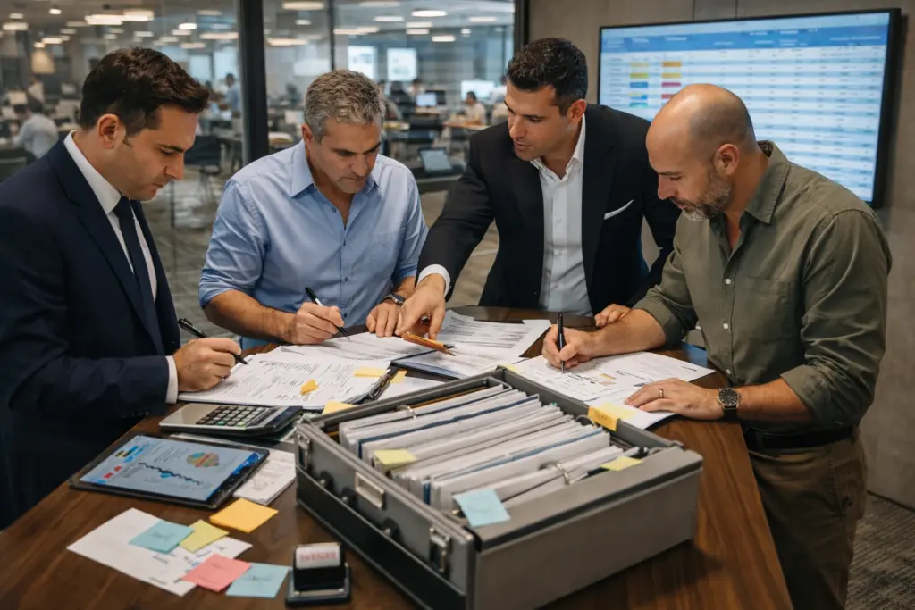 فريق من المستشارين الماليين والقانونيين في شركة استشارات يقوم بفحص كشف الحساب البنكي وإعداد المذكرات القانونية والمالية اللازمة لعميل متعثر.