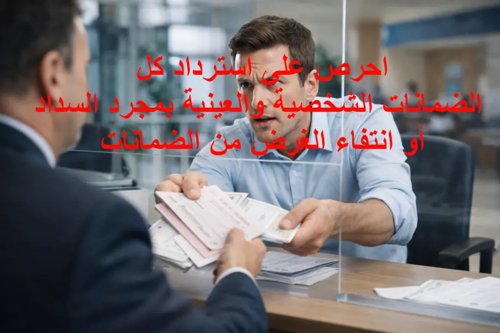 عميل في بنك يصر على استرداد كل الضمانات الشخصية والعينية بعد انتهاء العلاقة مع البنك.
أمام العميل موظف خدمة عملاء في بنك يحدثه من وراء شباك زجاجي.