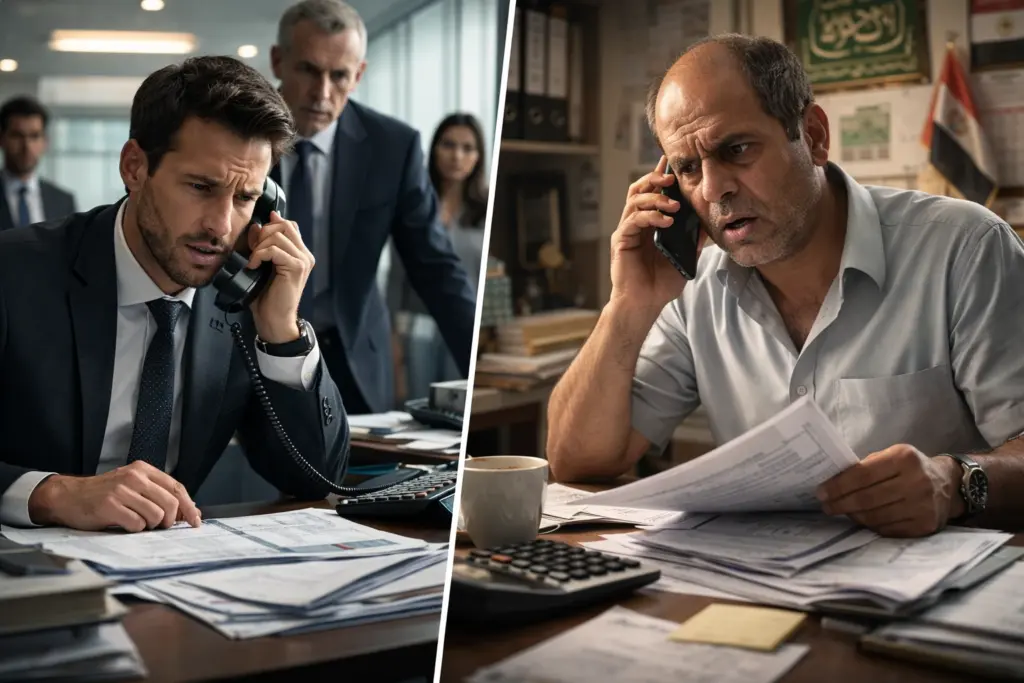 صورة عميل متعثر يتلقى اتصالا من موظف بنك بسبب التأخر في سداد القرض، وخلف الموظف زملاؤه ومديره.
الصورة توضح اتصالات البنك قبل رفع قضية