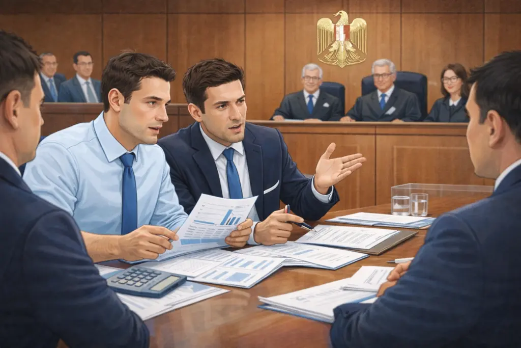 محامي بنوك ومحاسب بنوك يجلسان جنبا إلى جنب في قاعة محكمة اقتصادية ويناقشان الخبراء الذين انتدبتهم المحكمة ويواجهان ممثلي البنك.