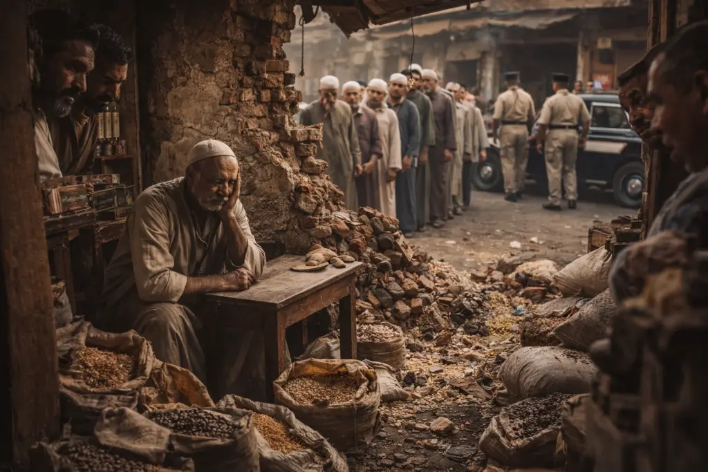 صورة توضح تاجرا متعثرا في متجر عطارة متهدم وأمامه طابور من الدائنين وسيارة شرطة. تلمح الصورة إلى مدى نجاعة الصلح الواقي في قانون التجارة