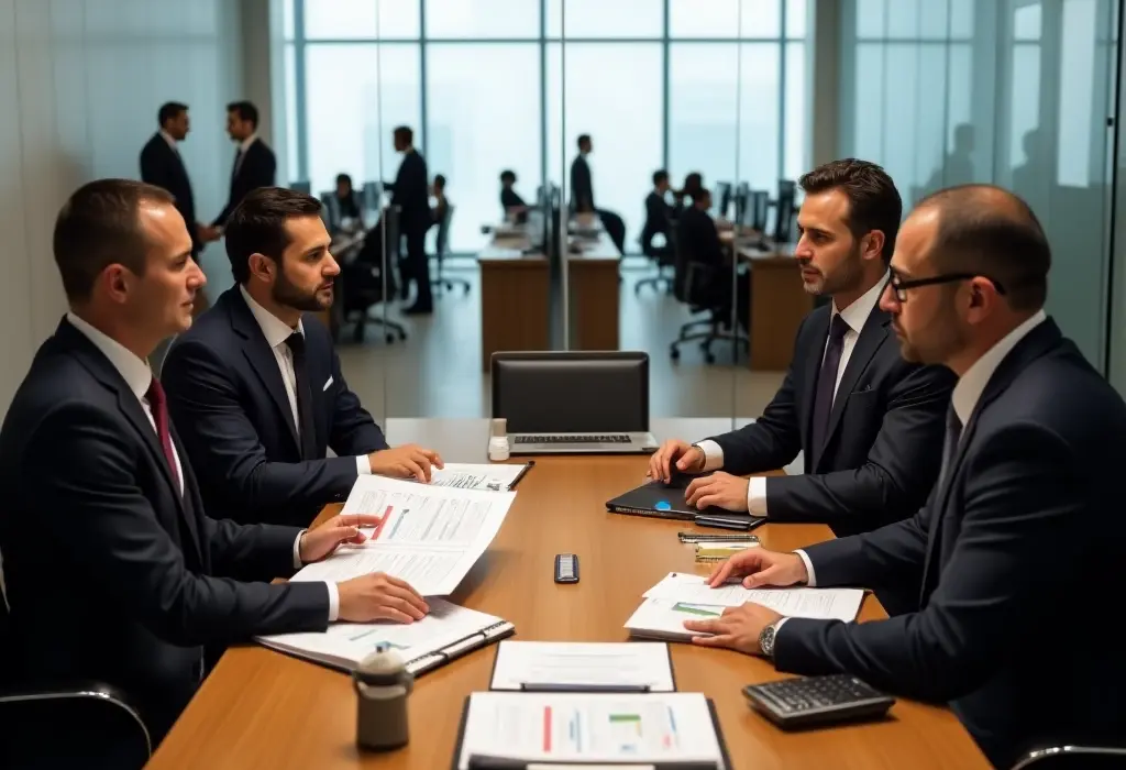 غرفة بها مستشار مالي وقانوني يملكان مهارة التفاوض مع البنوك ويتفاوضان مع موظفين في البنك من أجل إعادة الجدولة لدين من الديون.