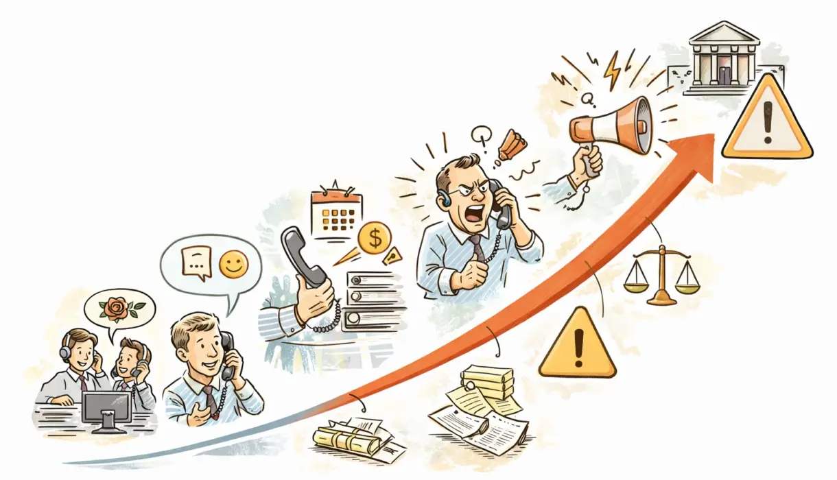 رسم تعبيري، منحنى كاريكاتيري صاعد يبين تطور لجهة البنك عند التأخير في سداد القرض بداية من التواصل الودي ومرورا بكل اتصالات البنك قبل رفع قضية، وانتهاء بالمحكمة.