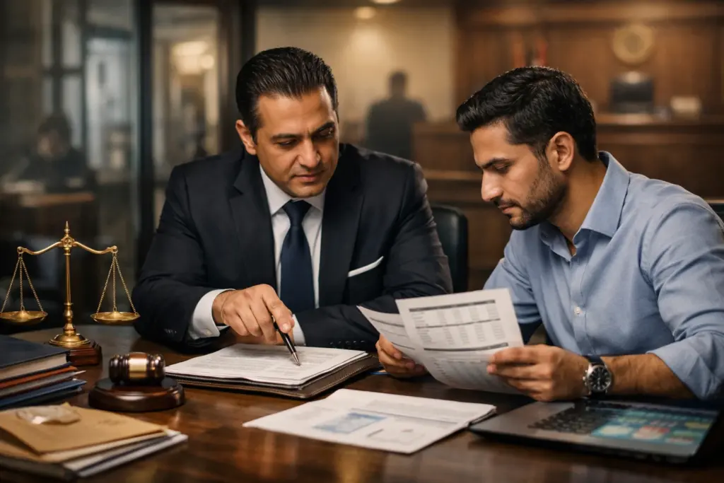 مستشار مالي ومحامي متخصص في قضايا البنوك في مصر يفحصان ملف عميل داخل شركة استشارات كبيرة