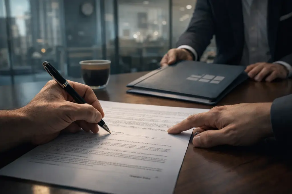 صورة لمشهد داخل بنك لعميل لا تظهر سوى يده اليسرى ويخبره موظف البنك الذي لا تظهر إلا يده أين يوقع على عقد بعد مراجعة طريقة احتساب الفائدة، وعمولة أعلى رصيد مدين والدمغة النسبية