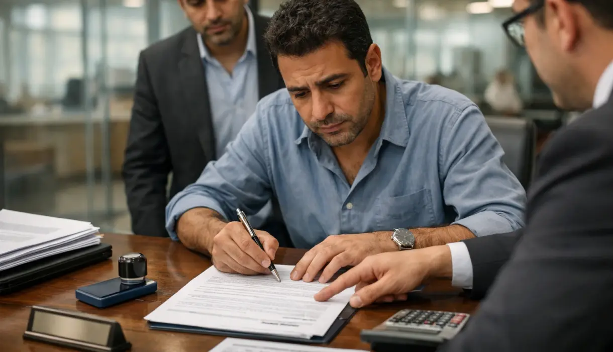 صورة لعميل داخل بنك يوقع على عقد تمويل ولكنه يحتاج إلى طريقة احتساب الفائدة وعمولة أعلى رصيد مدين والدمغة النسبية، وأمامه موظف البنك وخلفه موظف آخر للبنك.