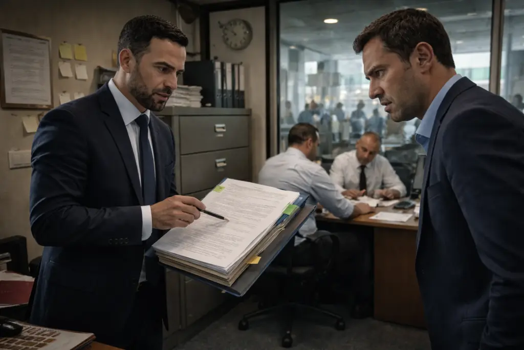 محامي يشرح في عصبية لعميل متعثر بنود الإخلال والتعجيل في عقد التمويل وإلزامية السداد الفوري للتسهيل بالكامل.