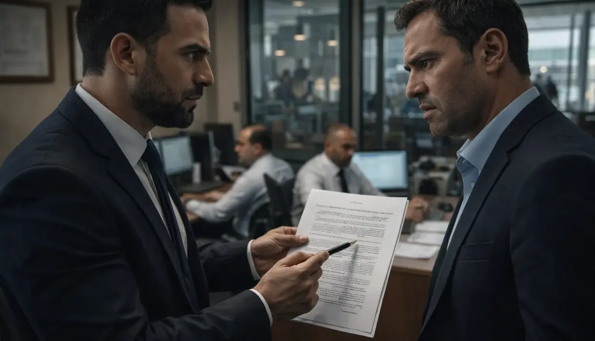 محامي في بنك يقوم بتحذير عميل من بنود الإخلال والتعجيل في عقد البنك. أجواء من التوتر تسيطر.