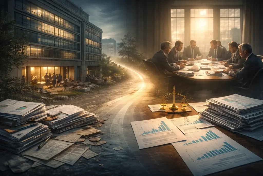 مبنيان ضخمان ومجموعتان من الباحثين والمشرعين يبحثون وضع تشريعات من أجل مساعدة المتعثرين في مصر وإعادة هيكلة الشركات المتعثرة.