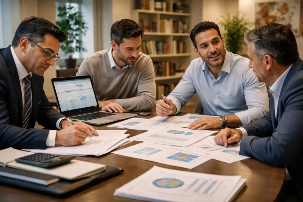 ثلاثة مستشارين ماليين وقانوني، منهمكون في تقييم الوضع المالي والقدرة على السداد لأحد العملاء أصحاب الشركات المتعثرة.