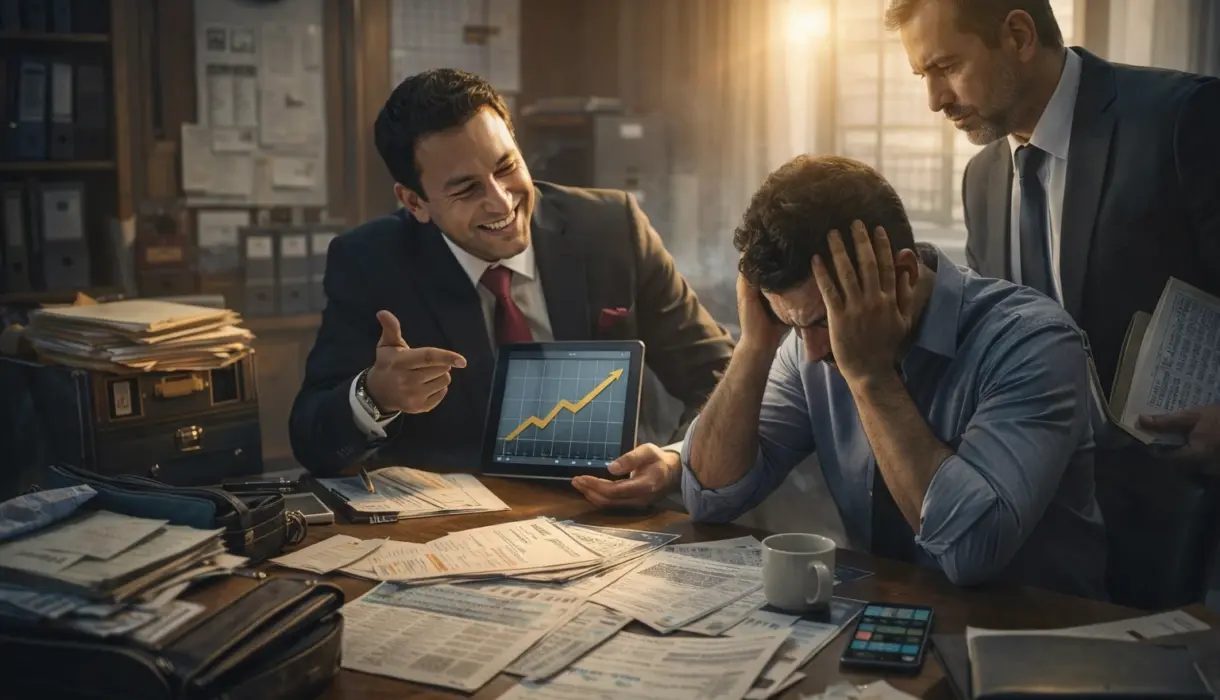 مكتب استشارات مضلل من شخصين يحاولان إقناع مدين متعثر أنه بإمكانه أن يحصل على قرض للمتعثرين وتأجيل الأقساط إلى آجال بعيدة.