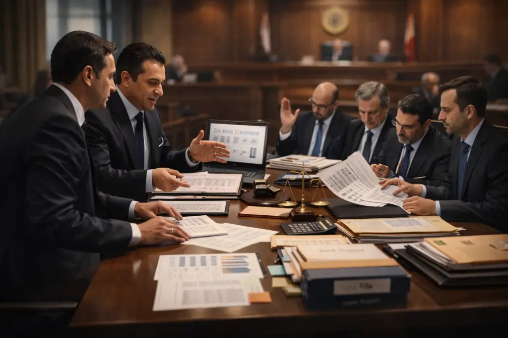 محامون موكلون منهمكون في التعامل مع قضايا البنوك أو قضايا شركات التمويل داخل قاعة محكمة وجلسة خبراء