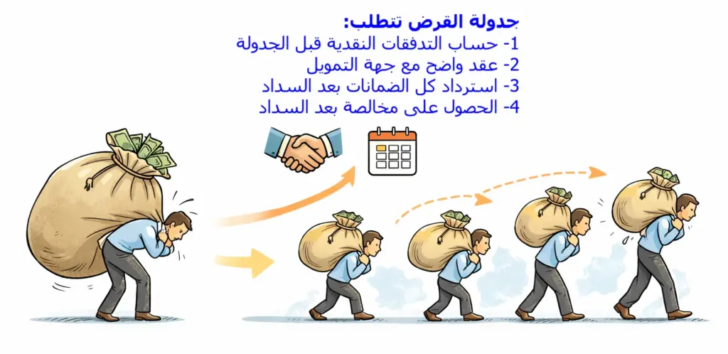 صورة تعبيرية عن إعادة جدولة القرض لأحد المدينين في سبيل التسوية مع البنك.
الصورة تظهر عبئا ماليا كبيرا على المدين تم توزيعه على مراحل بأعباء صغيرة.