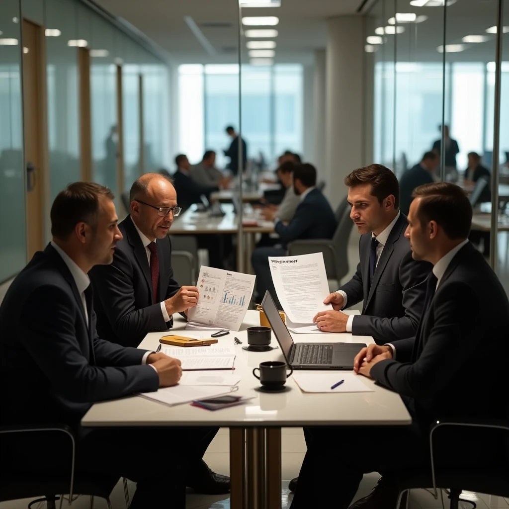 مستشاران مالي وقانوني متخصصان في التسويات البنكية ويتفاوضان داخل بنك من البنوك على إعادة الجدولة لصالح عميل.