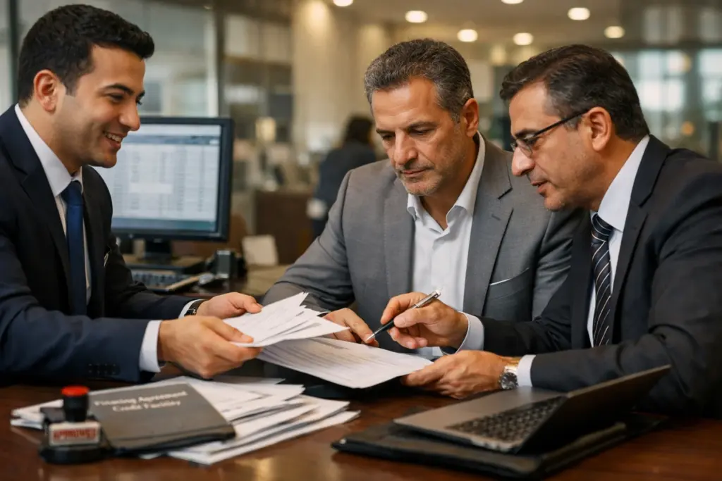 مستشار قانوني يقوم بمراجعة العقود البنكية مثل عقود التمويل أو عقود التسوية قبل أن يقوع عليها العميل أمام موظف البنك.