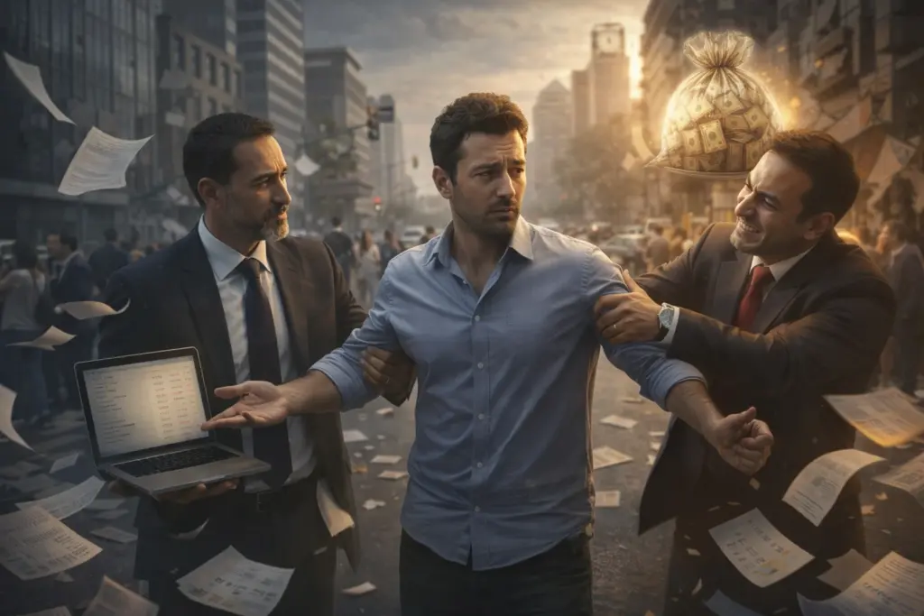 شخص متعثر في مدينة مزدحمة وأوراق متطايرة في الهواء يتشبث به شخص نصاب يقنعه بإمكانية حصوله على قرض للمتعثرين وتأجيل الأقساط وشخص آخر مستشار أمين.