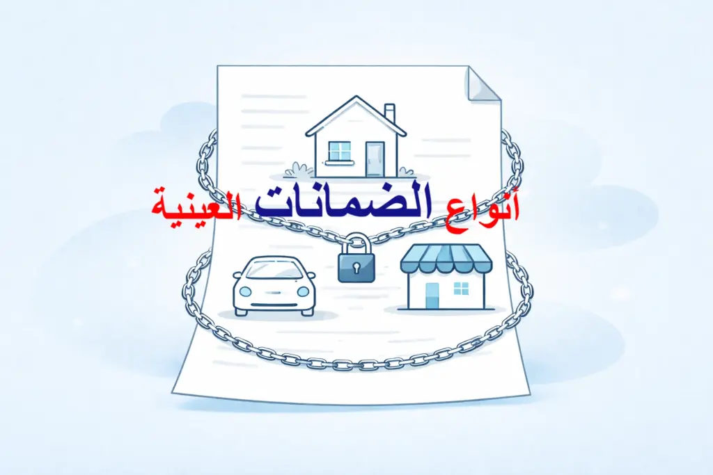 رسم تعبيري عن وثيقة عليها منزل ونشاط تجاري وسيارة ومكتوب على الوثيقة أنواع الضمانات العينية.